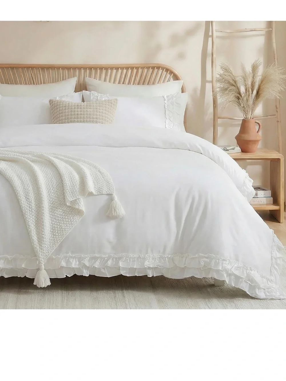 Merryword 100% Cotton Ruffled Comforter Set King, White Shabby Chic Farmhouse